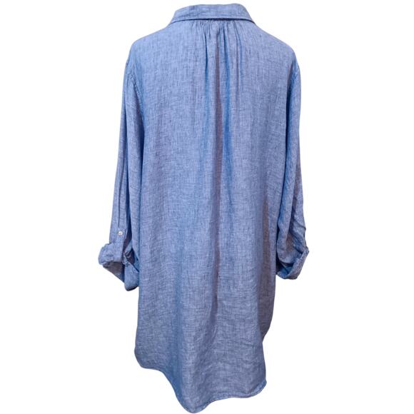 JNY 100% Linen Blouse Top 2X‎ Blue Popover Roll Tab Sleeves Casual Career Office - Picture 9 of 9